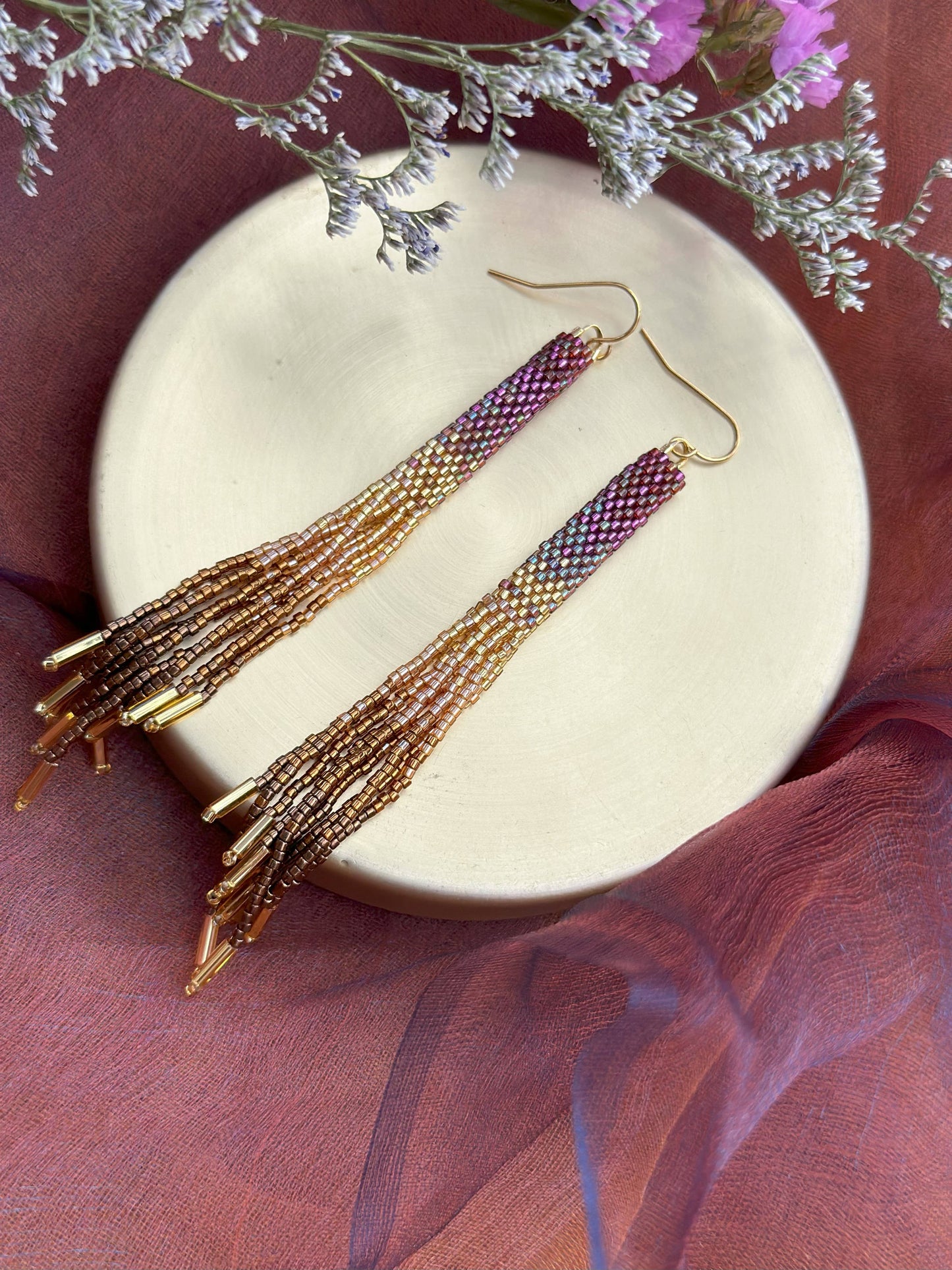 Beaded Handwoven Ombre Tassel Earrings (Violet)