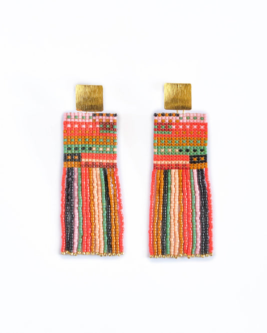 Beaded Handwoven Striped Knit Fringe Earrings (Sweet Escape)