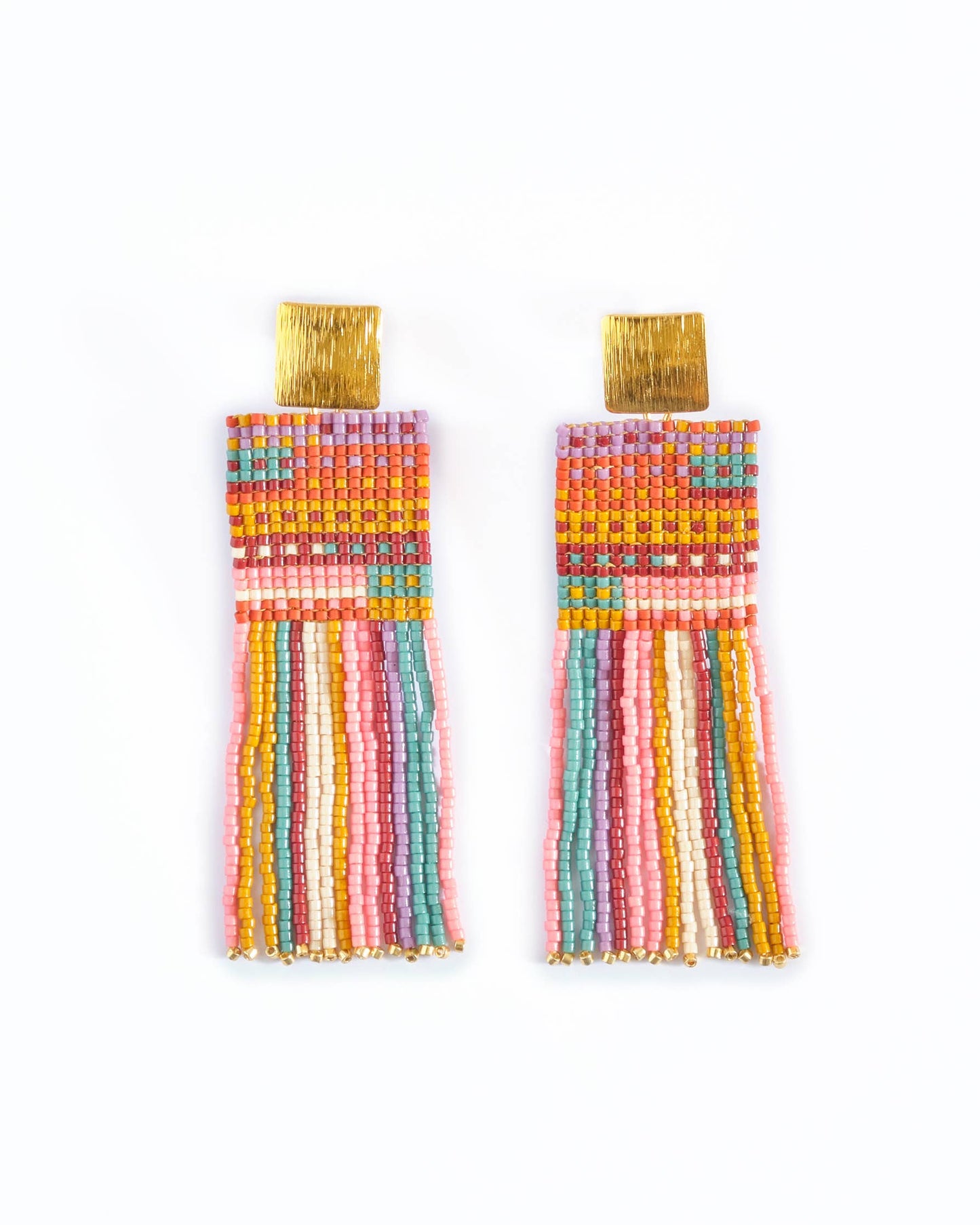 Beaded Handwoven Striped Knit Fringe Earrings (Sweet Escape)
