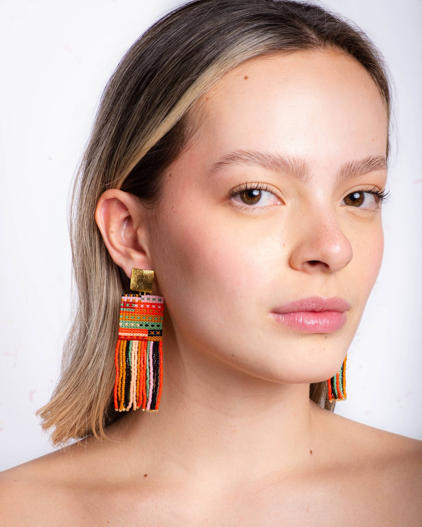 Beaded Handwoven Striped Knit Fringe Earrings (Sweet Escape)