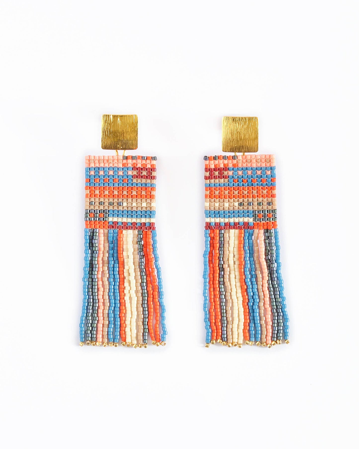 Beaded Handwoven Striped Knit Fringe Earrings (Sweet Escape)