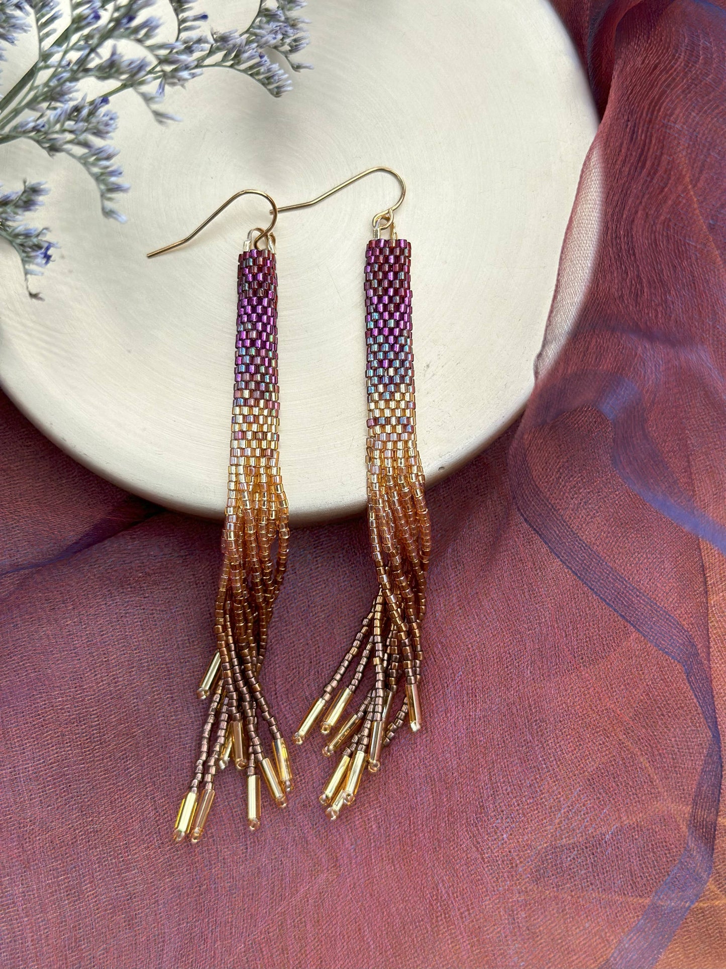 Beaded Handwoven Ombre Tassel Earrings (Violet)