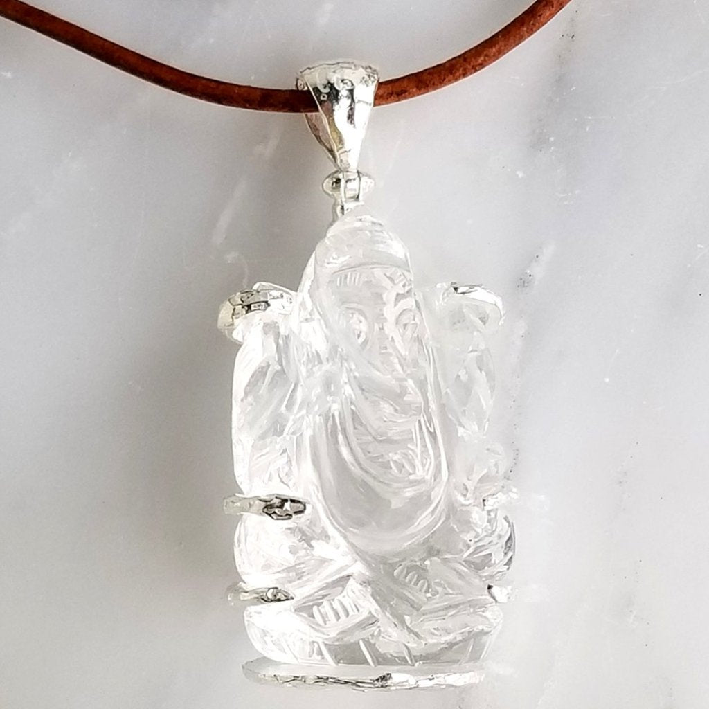 Crystal Ganesh pendant leather cord hand carved